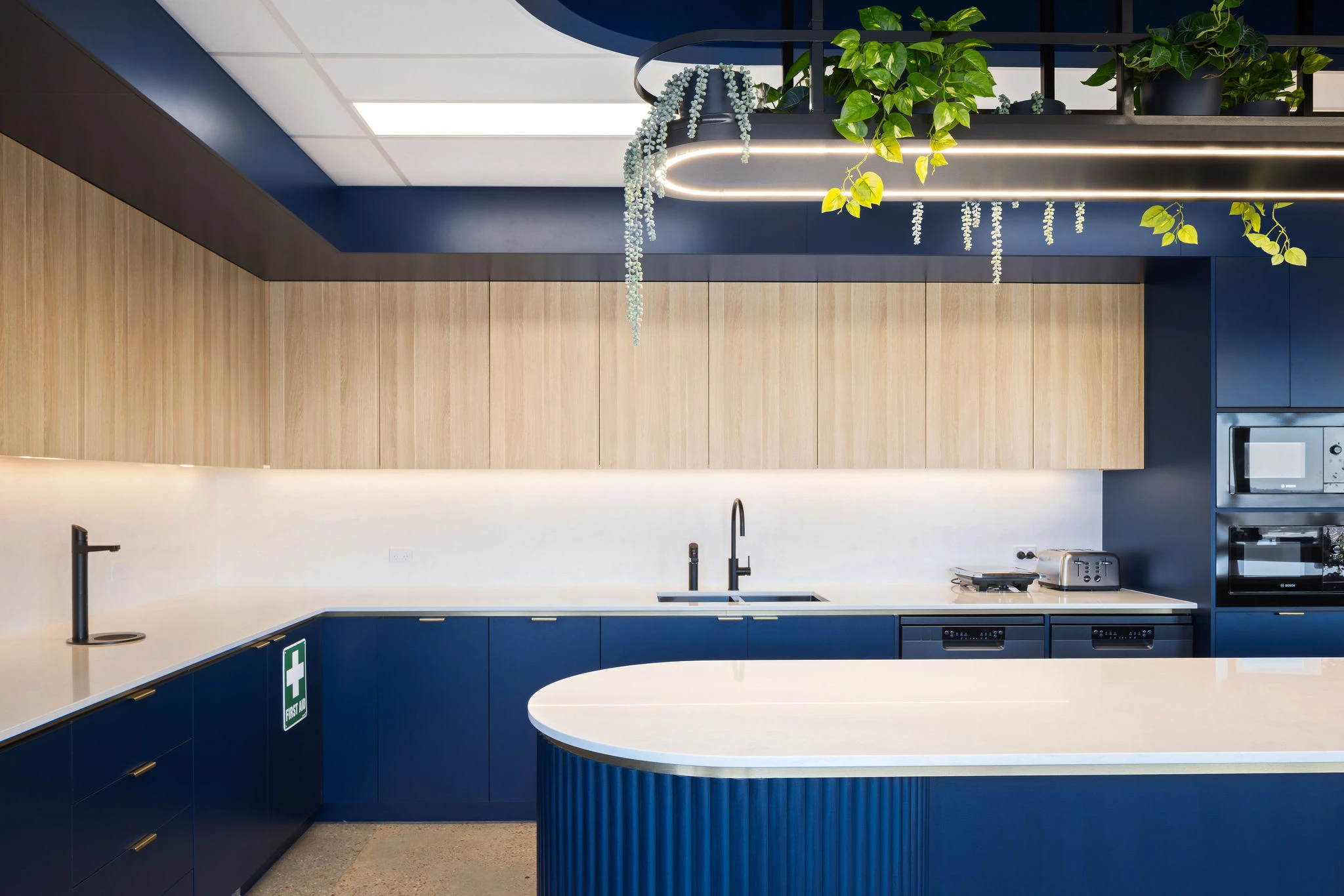 Kitchen island bench wrapped in navy Steccawood with rounded bases, suspended planter box above