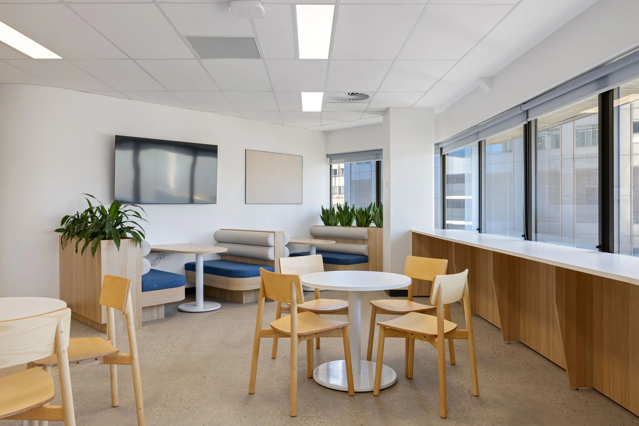 Lunchroom with Halo tables, Ted timber chairs and Breakout Banquette seating along a timber window bench