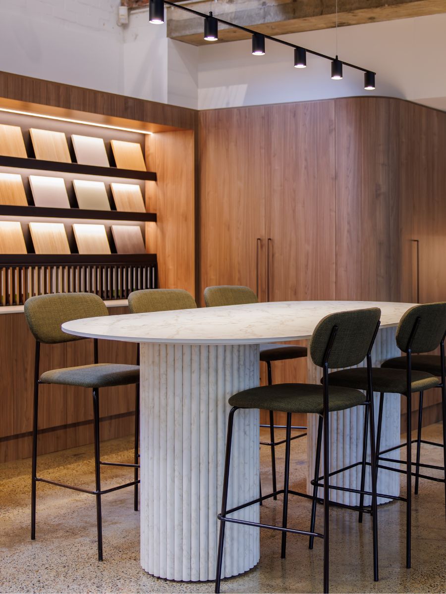 Velvet lounge seating outside The Library meeting room in the Brisbane showroom