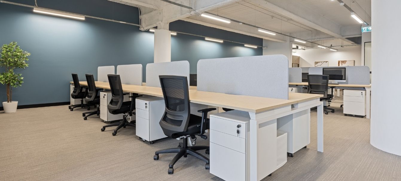 Open-plan office with rows of white workstations, grey desk screens and a blue feature wall