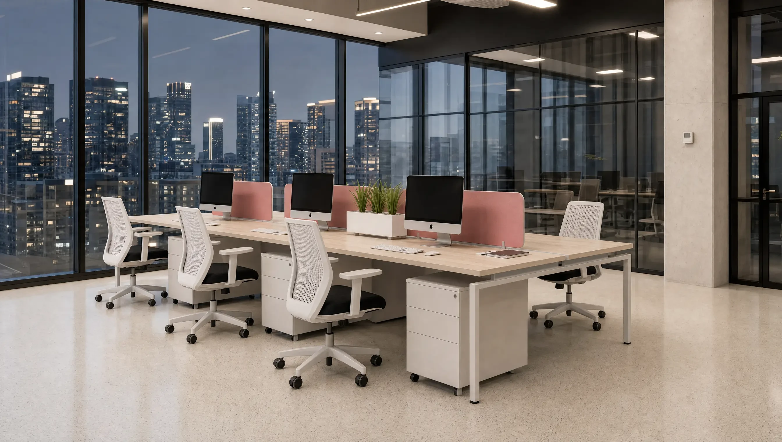 Time-lapse style composite of an empty floor becoming a working Benchwork floor, four stages blended left to right