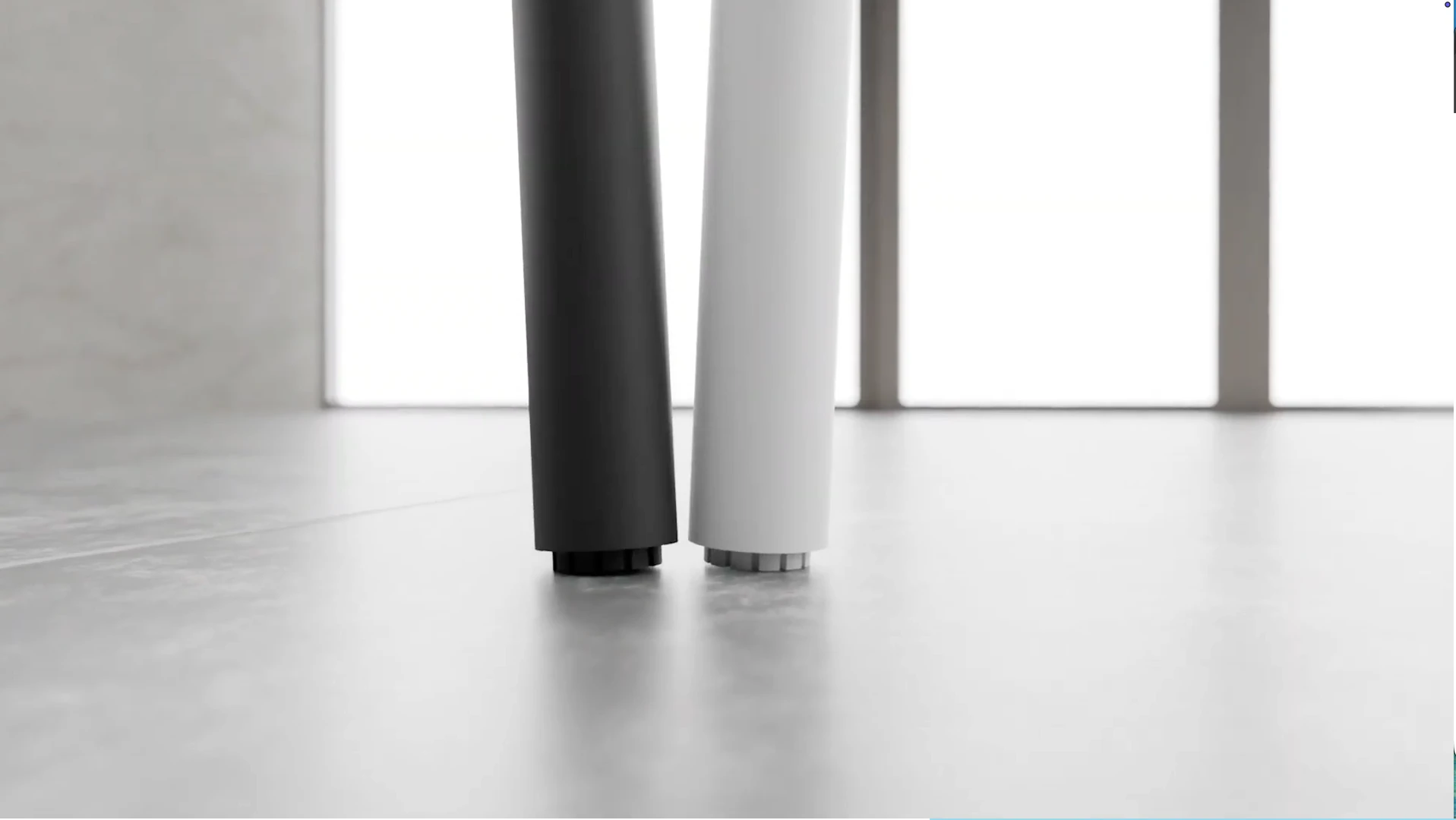 Clic desk, table and counter table in one styled space, the 37mm round-leg profile repeating across all three