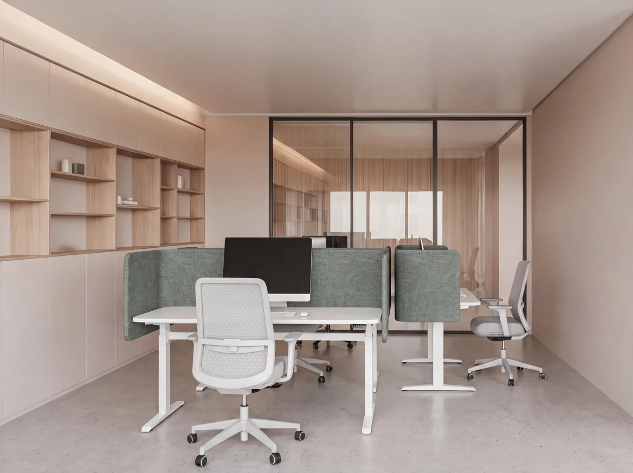 Black Cortex in classic open plan, monochrome grade, quiet and premium