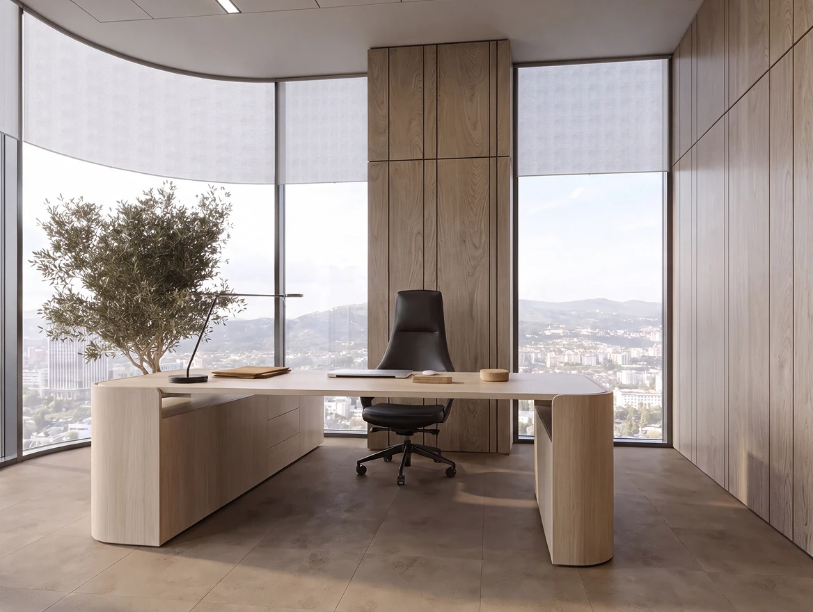 Otto high back behind an executive desk, occupant mid-conversation, confident, natural light
