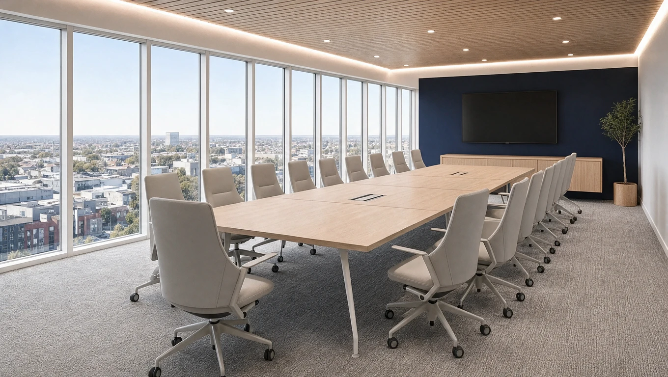 Eight matching Otto medium backs around a dark boardroom table, symmetry, low-key dramatic lighting