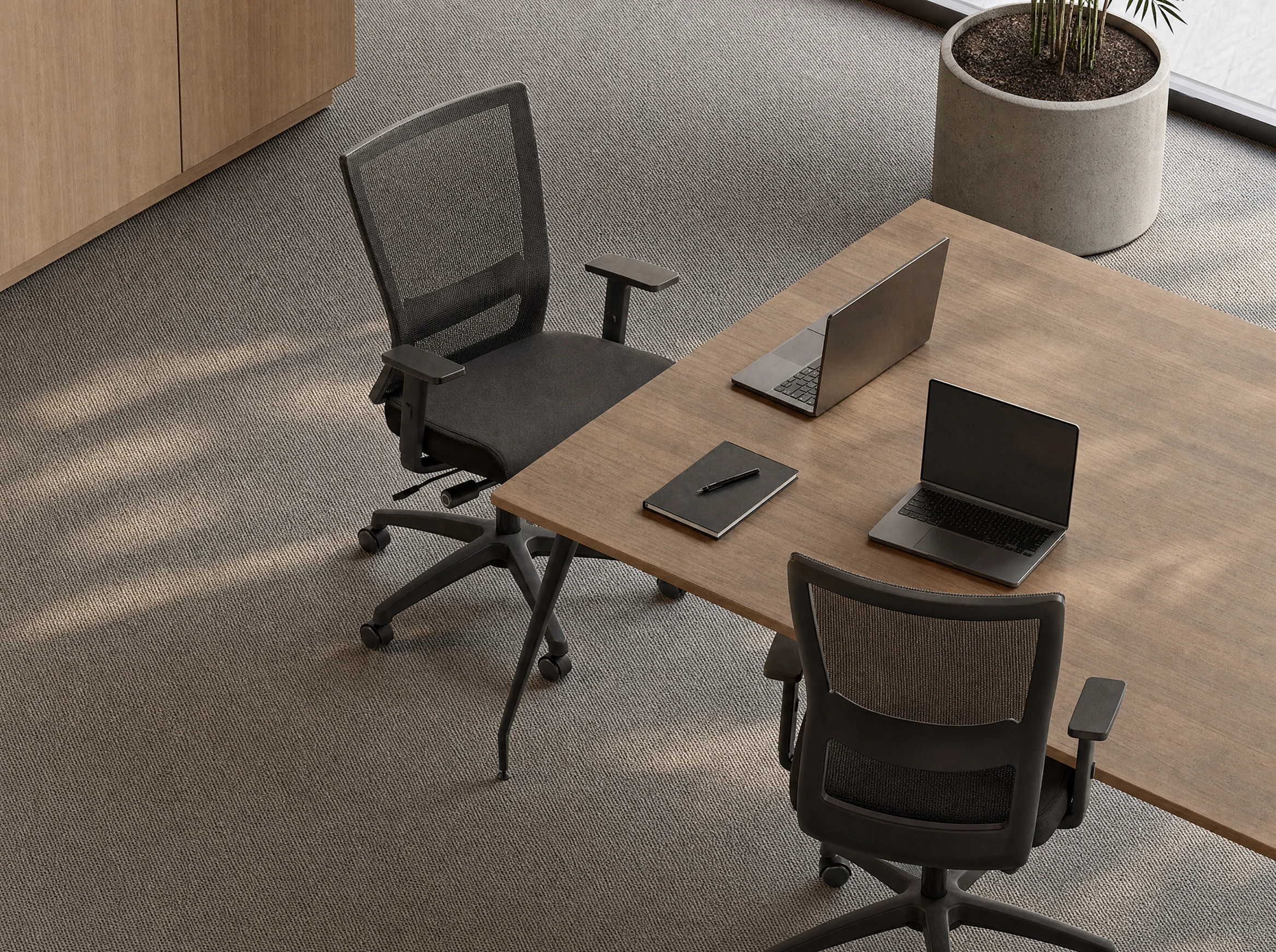 Single Sonic chair on seamless white with certification badges treated graphically beside it, clean and factual