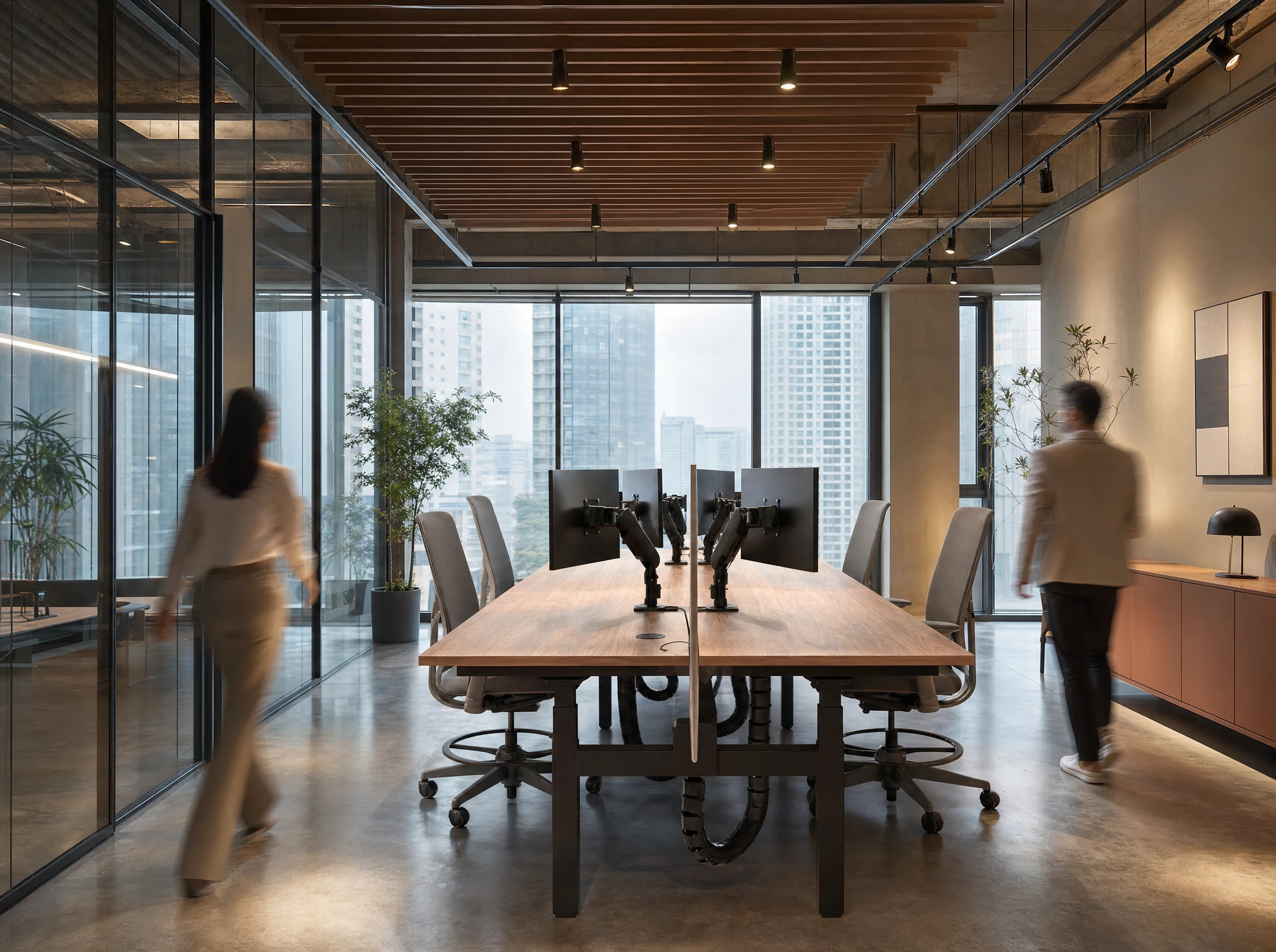 Swish workstation run in open plan, mixed sit and stand, consistent frame lines drawing the eye down the row